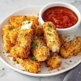 Step-by-step preparation of Crispy Mozzarella Sticks showing ingredients and initial cooking steps