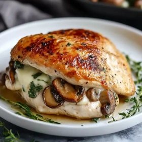 Step-by-step preparation of Cheesy Mushroom-Stuffed Chicken showing ingredients and initial cooking steps