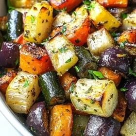 Step-by-step preparation of Roasted Vegetable Medley with Feta showing ingredients and initial cooking steps
