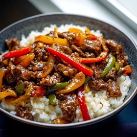 Step-by-step preparation of Savory Beef Pepper Bowl showing ingredients and initial cooking steps