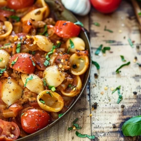 Step-by-step preparation of Creamy Beef and Shells showing ingredients and initial cooking steps