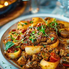Cooking process for Creamy Beef and Shells showing technique and proper timing