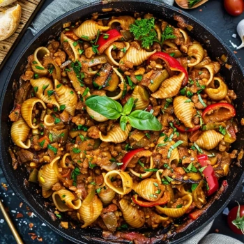 Perfectly cooked Creamy Beef and Shells served and ready to eat - final result