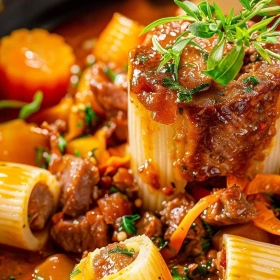 Cooking process for Hearty Beef Rigatoni Delight showing technique and proper timing