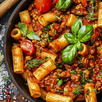 Perfectly cooked Hearty Beef Rigatoni Delight served and ready to eat - final result