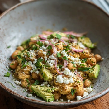 Perfectly cooked Chickpea Feta Avocado Delight served and ready to eat - final result