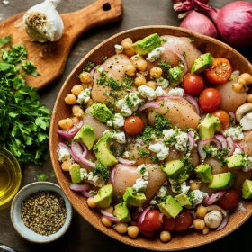 Step-by-step preparation of Chickpea Feta Avocado Delight showing ingredients and initial cooking steps