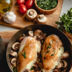 Step-by-step preparation of Savory Mushroom Stuffed Chicken showing ingredients and initial cooking steps