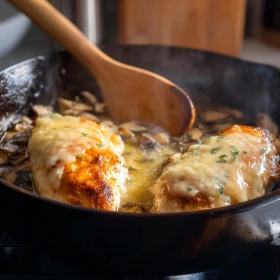 Cooking process for Savory Mushroom Stuffed Chicken showing technique and proper timing