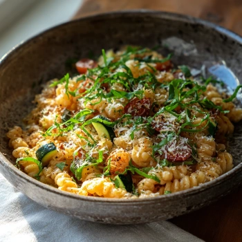 Perfectly cooked Zesty Tomato Zucchini Pasta served and ready to eat - final result
