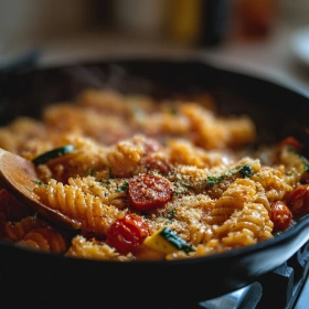Cooking process for Zesty Tomato Zucchini Pasta showing technique and proper timing