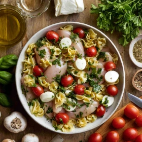 Step-by-step preparation of Vibrant Italian Pasta Salad showing ingredients and initial cooking steps