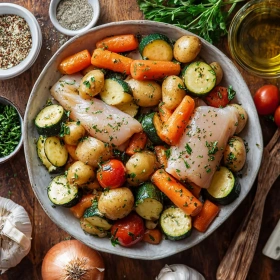 Step-by-step preparation of Garlic Herb Roasted Veggies showing ingredients and initial cooking steps