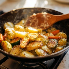 Cooking process for Garlic Herb Roasted Veggies showing technique and proper timing