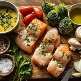 Step-by-step preparation of Savory Salmon Broccoli Bowl showing ingredients and initial cooking steps