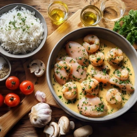 Step-by-step preparation of Creamy Garlic Shrimp Delight showing ingredients and initial cooking steps