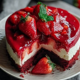 Cooking process for Red Velvet Strawberry Cheesecake showing technique and proper timing