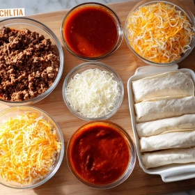 Step-by-step preparation of Simple Beef Enchiladas showing ingredients and initial cooking steps