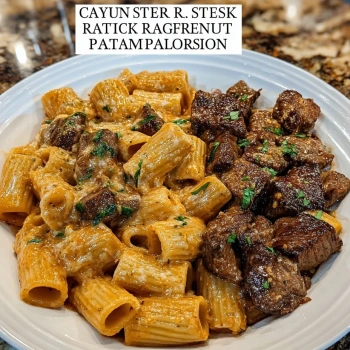 Perfectly cooked Cajun Steak Rigatoni Delight served and ready to eat - final result