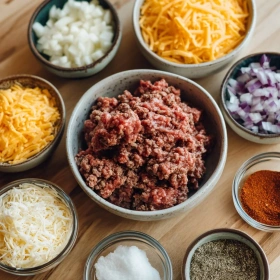 Step-by-step preparation of Cheesy Beef Taquitos showing ingredients and initial cooking steps