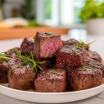 Perfectly cooked Savory Crockpot Steak Bites served and ready to eat - final result