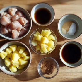 Step-by-step preparation of Sweet Pineapple Chicken Delight showing ingredients and initial cooking steps