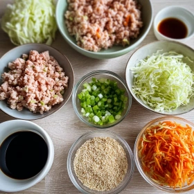 Step-by-step preparation of Crispy Homemade Egg Rolls showing ingredients and initial cooking steps