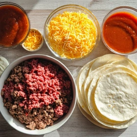 Step-by-step preparation of Simple Beef Enchiladas showing ingredients and initial cooking steps