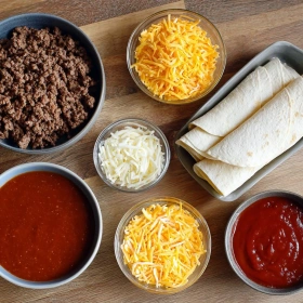 Step-by-step preparation of Quick Beef Enchiladas showing ingredients and initial cooking steps