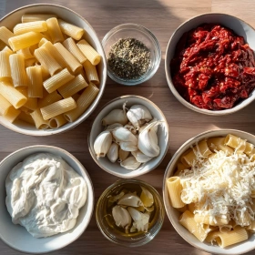 Step-by-step preparation of Creamy Tomato Garlic Pasta showing ingredients and initial cooking steps