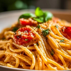 Cooking process for Creamy Tomato Garlic Pasta showing technique and proper timing