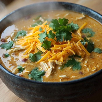 Perfectly cooked Creamy Chicken Enchilada Soup served and ready to eat - final result