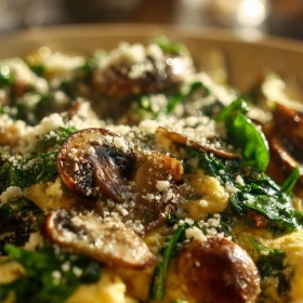 Close-up of Savory Mushroom Spinach Scramble showing texture, layers, and glossy finish