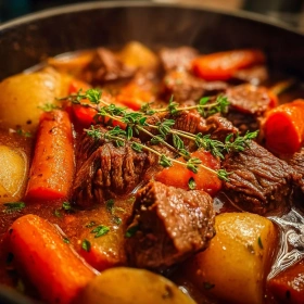 Close-up of Hearty Rustic Beef Stew showing texture, layers, and glossy finish
