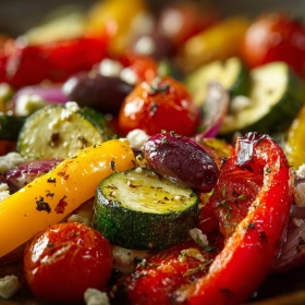Close-up of Mediterranean Roasted Vegetable Medley showing texture, layers, and glossy finish