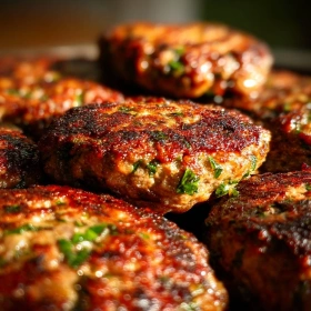Close-up of Savory Herb-Infused Lamb Patties showing texture, layers, and glossy finish