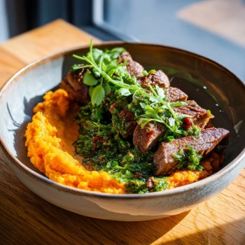 Perfectly cooked Chimichurri Steak with Sweet Potato Mash served and ready to eat - final result