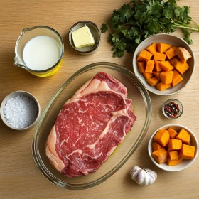 Step-by-step preparation of Chimichurri Steak with Sweet Potato Mash showing ingredients and initial cooking steps