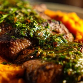 Close-up of Chimichurri Steak with Sweet Potato Mash showing texture, layers, and glossy finish