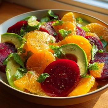 Perfectly cooked Vibrant Beet Avocado Citrus Salad served and ready to eat - final result