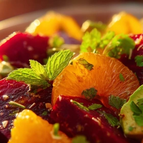Close-up of Vibrant Beet Avocado Citrus Salad showing texture, layers, and glossy finish