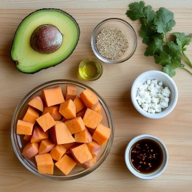 Step-by-step preparation of Savory Sweet Potato Power Bowl showing ingredients and initial cooking steps