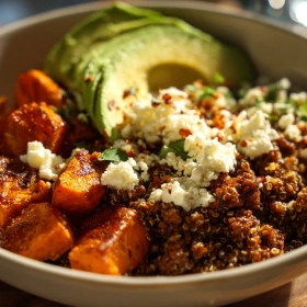 Close-up of Savory Sweet Potato Power Bowl showing texture, layers, and glossy finish