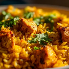 Close-up of Spiced Chicken Biryani Delight showing texture, layers, and glossy finish