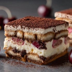 Close-up of Cherry Amaretto Tiramisu Delight showing texture, layers, and glossy finish
