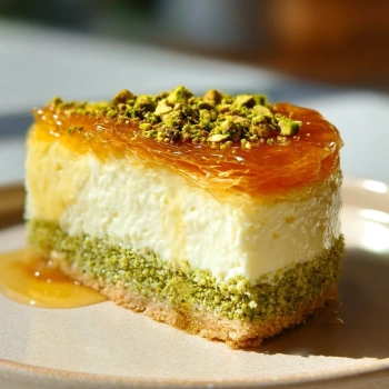 Perfectly cooked Baklava Pistachio Cheesecake Delight served and ready to eat - final result