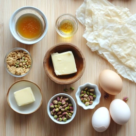 Step-by-step preparation of Baklava Pistachio Cheesecake Delight showing ingredients and initial cooking steps