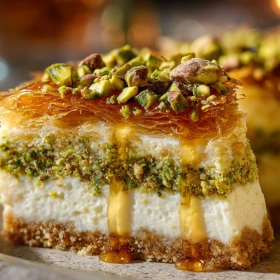 Close-up of Baklava Pistachio Cheesecake Delight showing texture, layers, and glossy finish