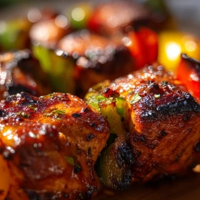 Close-up of Spicy Grilled Chicken Skewers showing texture, layers, and glossy finish
