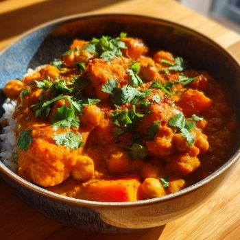 Perfectly cooked Spiced Sweet Potato Chickpea Curry served and ready to eat - final result